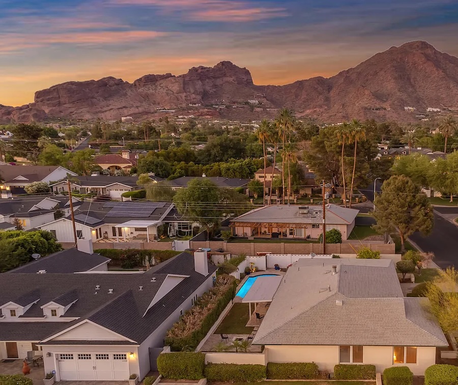 Overhead view of Arcadia landscape with Camelback mountain 